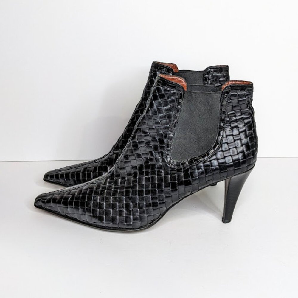 Donald J Pliner Black Leather Ankle Boots Womens 9N Woven Western Heel Bootie